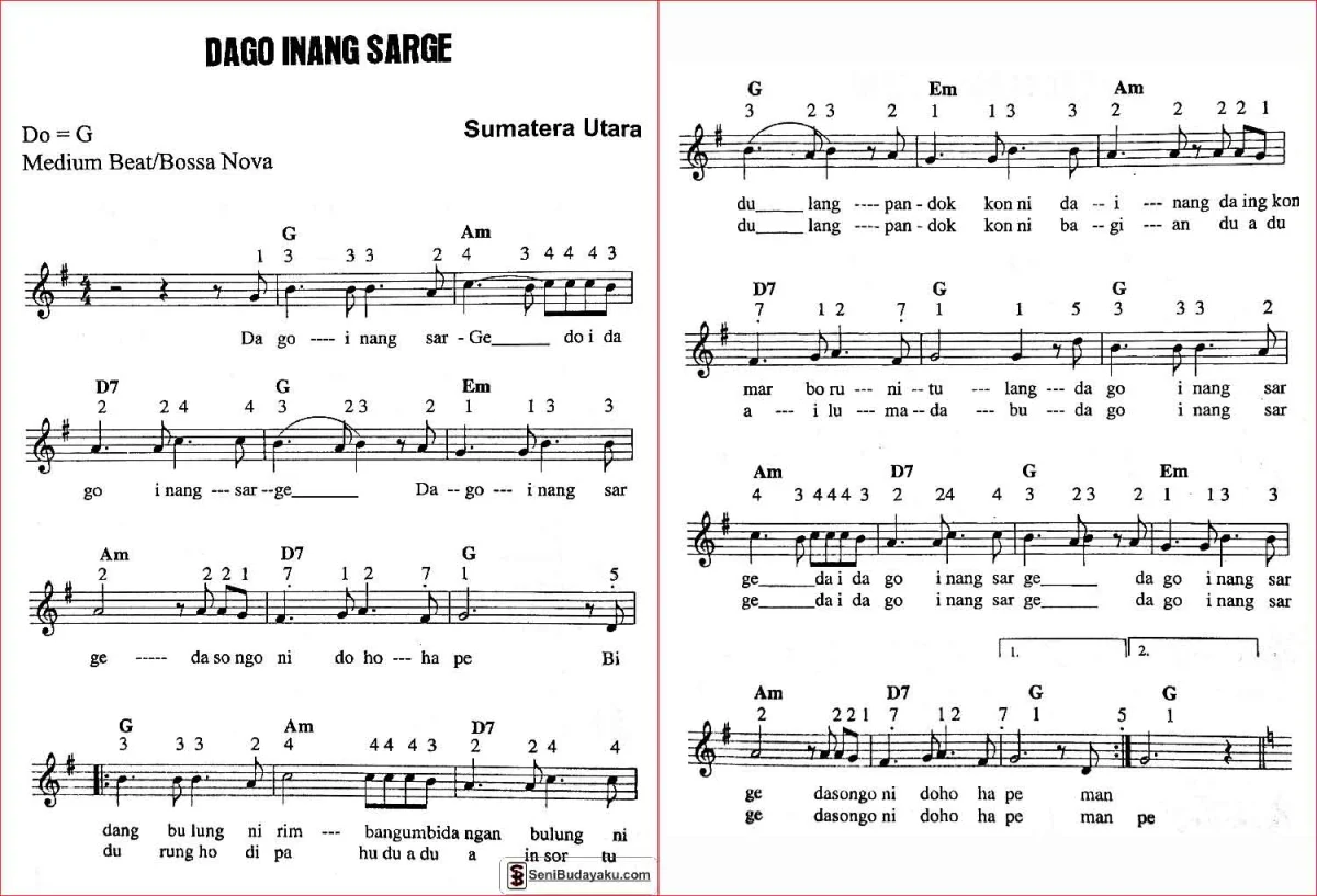 lirik dan not angka lagu dago inang sarge sumatera utara