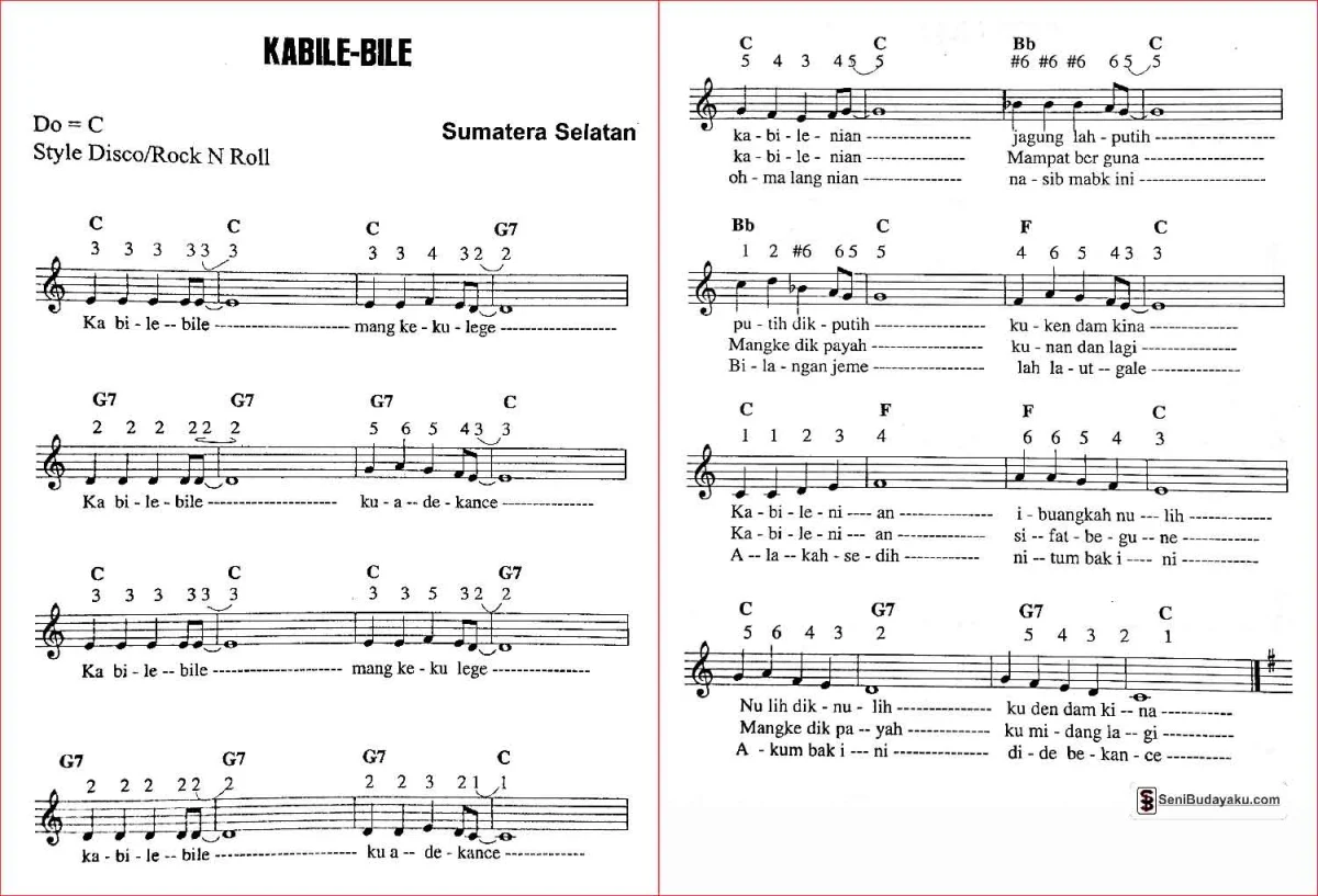 lirik dan not angka lagu kabile bile sumatera selatan