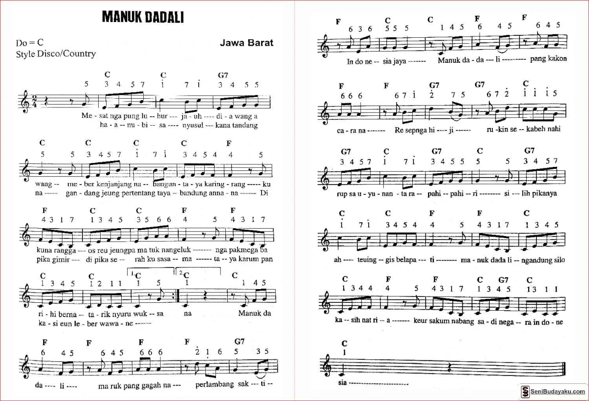 lirik dan not angka lagu manuk dadali jawa barat