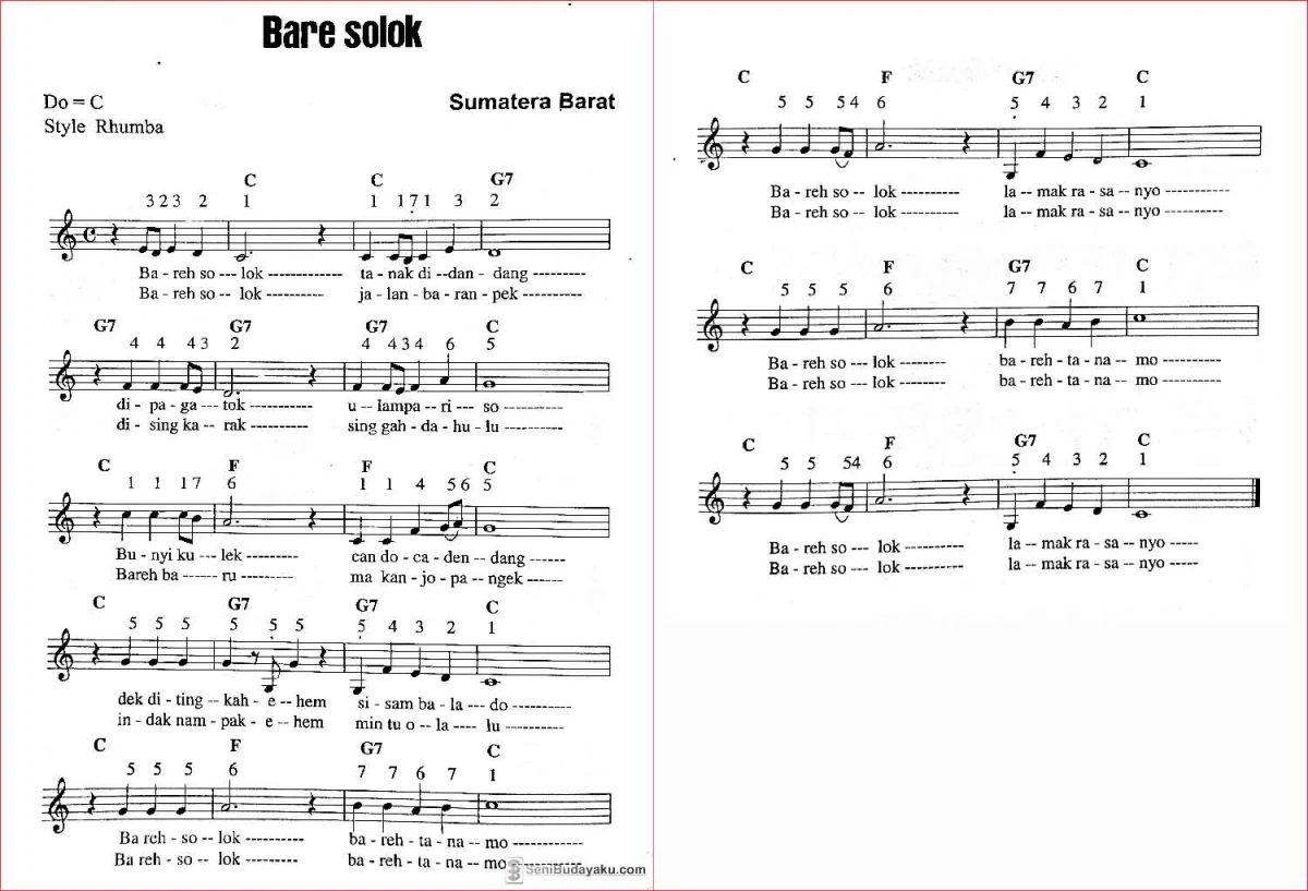 not angka lagu bareh solok sumatera barat