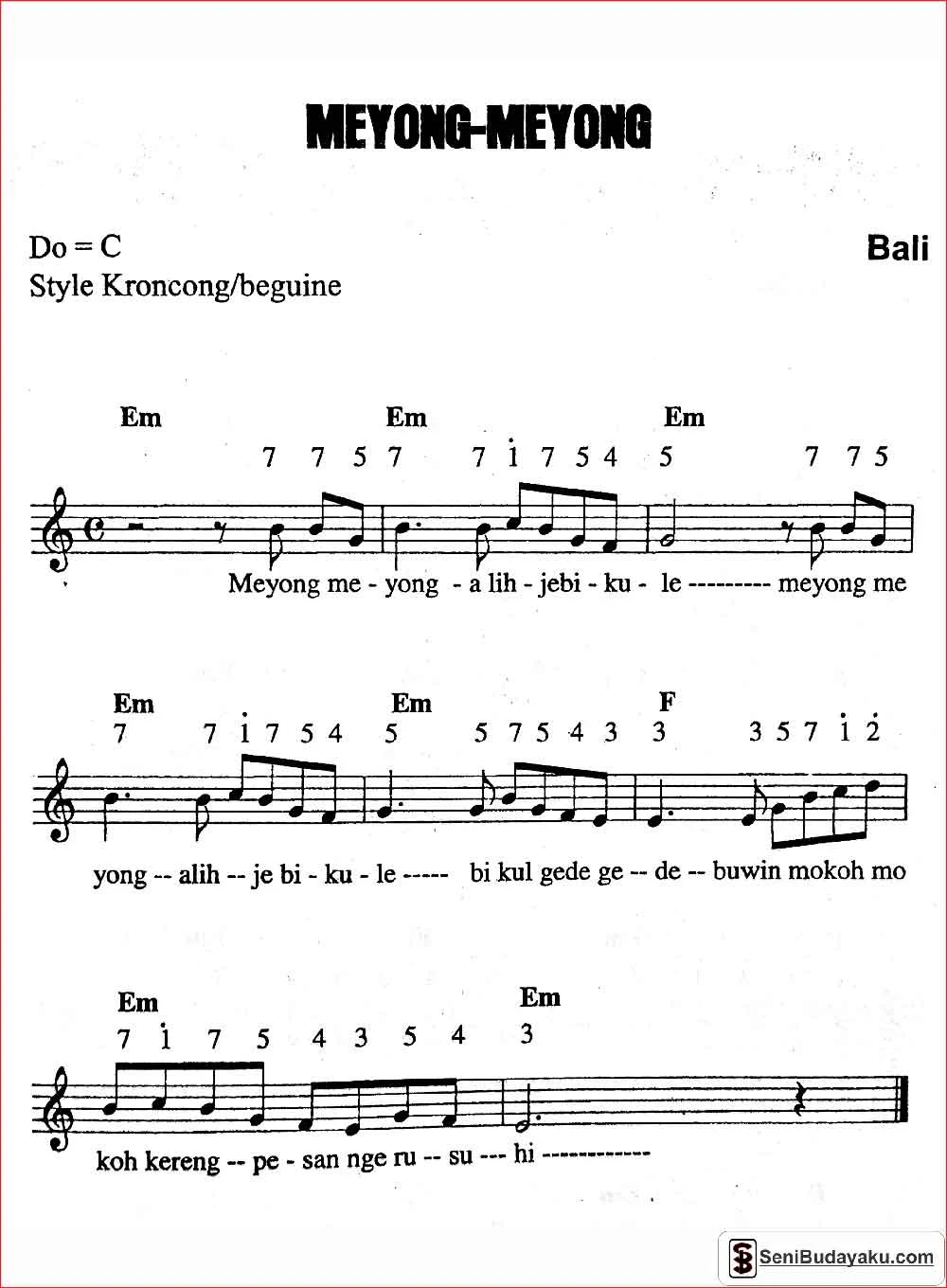 lirik dan not angka lagu meyong meyong bali